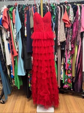 B Darlin Red Lace Mesh Dress with Sweetheart Neckline